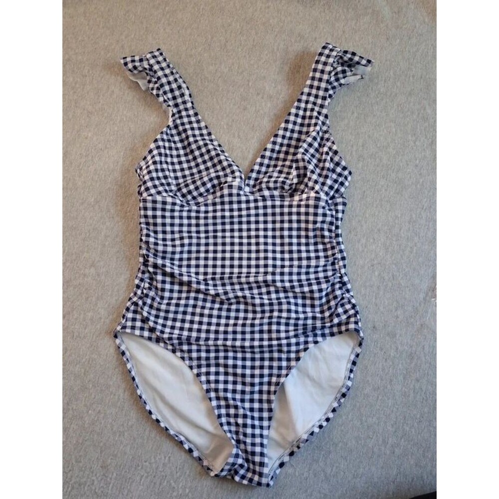 Kona Sol Women's Blue Gingham Check One Piece Swimsuit Small